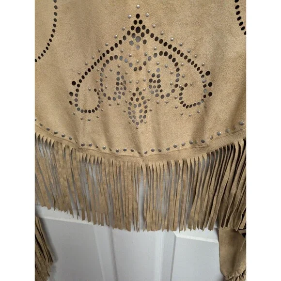 Curations Caravan Tan Faux Suede Laser Cut Fringe Wrap Shawl Studded Boho OS - Picture 3 of 16
